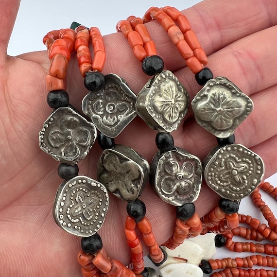 Rare Tajik Wedding Necklace. Antique Uzbek Silver and Coral Tribal