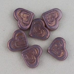 6 Matte Czech Pressed Glass Purple Hearts Double Heart CZ-642