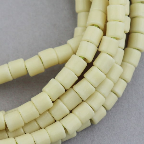 110 Vintage Pale Yellow Tan Tile Beads. Old Big Hole Czech Glass Beads.  CZS-6