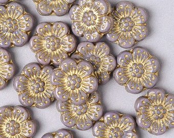 10 Czech 14mm Mauve Anemone Flower Glass Beads. CZ-76