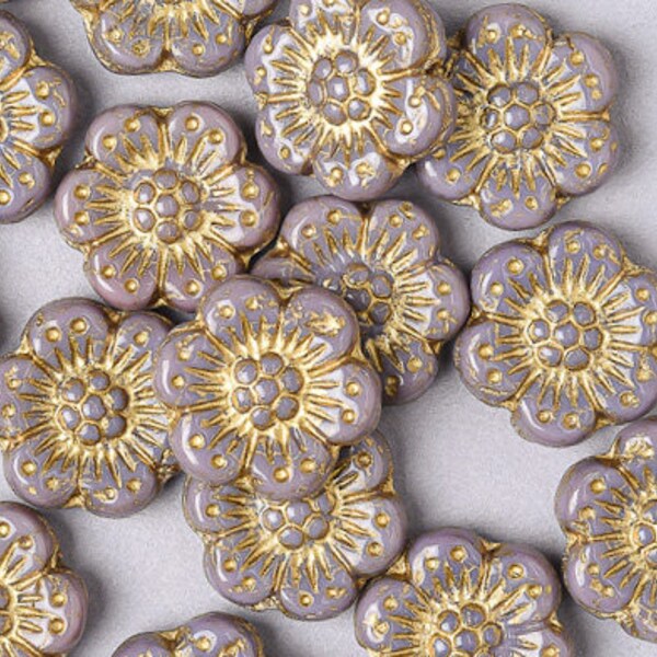 10 Czech 14mm Mauve Anemone Flower Glass Beads. CZ-76