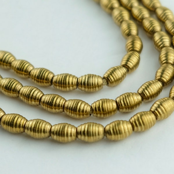 75 Ribbed Oval Brass Beads. Striped Tribal Metal Oval Beads. SKU-MB-138-B