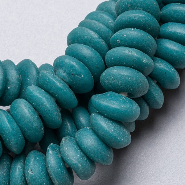 Recycled Teal Blue Glass Saucer Beads. 12-14mm Krobo Ashanti Recycled glass beads.  RG12-55
