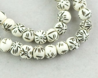 30 Handmade Bone Beads. 10mm Ethnic Patterned Bone Beads. BSS-70