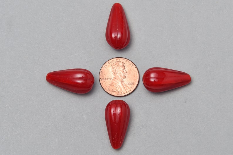 12x24mm Czech Red Teardrop CZ-11 4 Melon Fluted Teardrop Bead