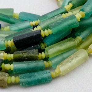 Ancient Roman Glass Beads. Green Blue Roman Era Glass Rectangle beads.  ROM-71