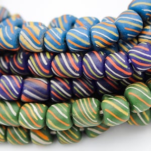 May include: A close-up of a strand of colourful glass beads. The beads are round and have a swirl pattern. The colours of the beads are blue, green, purple, and orange.