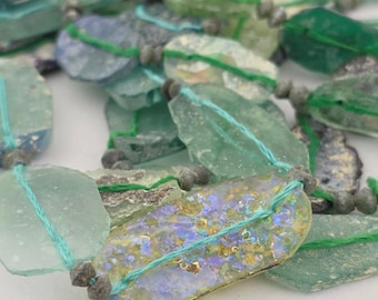 Roman Glass Double Drilled Coin Pendants. Blue Green Rustic Aged Trade Beads. ROM-92