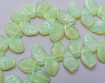 50 Czech Green Opal Leaf beads. Green Czech Glass Leaves. CZ-451