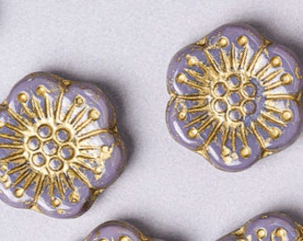 10 Czech 18mm Anemone Flower Glass Beads. Opaque Lavender with Gold Inlay Czech  Flower Beads. CZ-79
