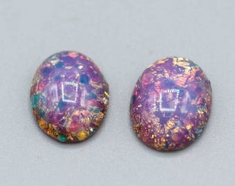 2 Vintage Fire Opal Harlequin Cabs. 18x13mm Flat Back Glass Cabochons. CAB-82