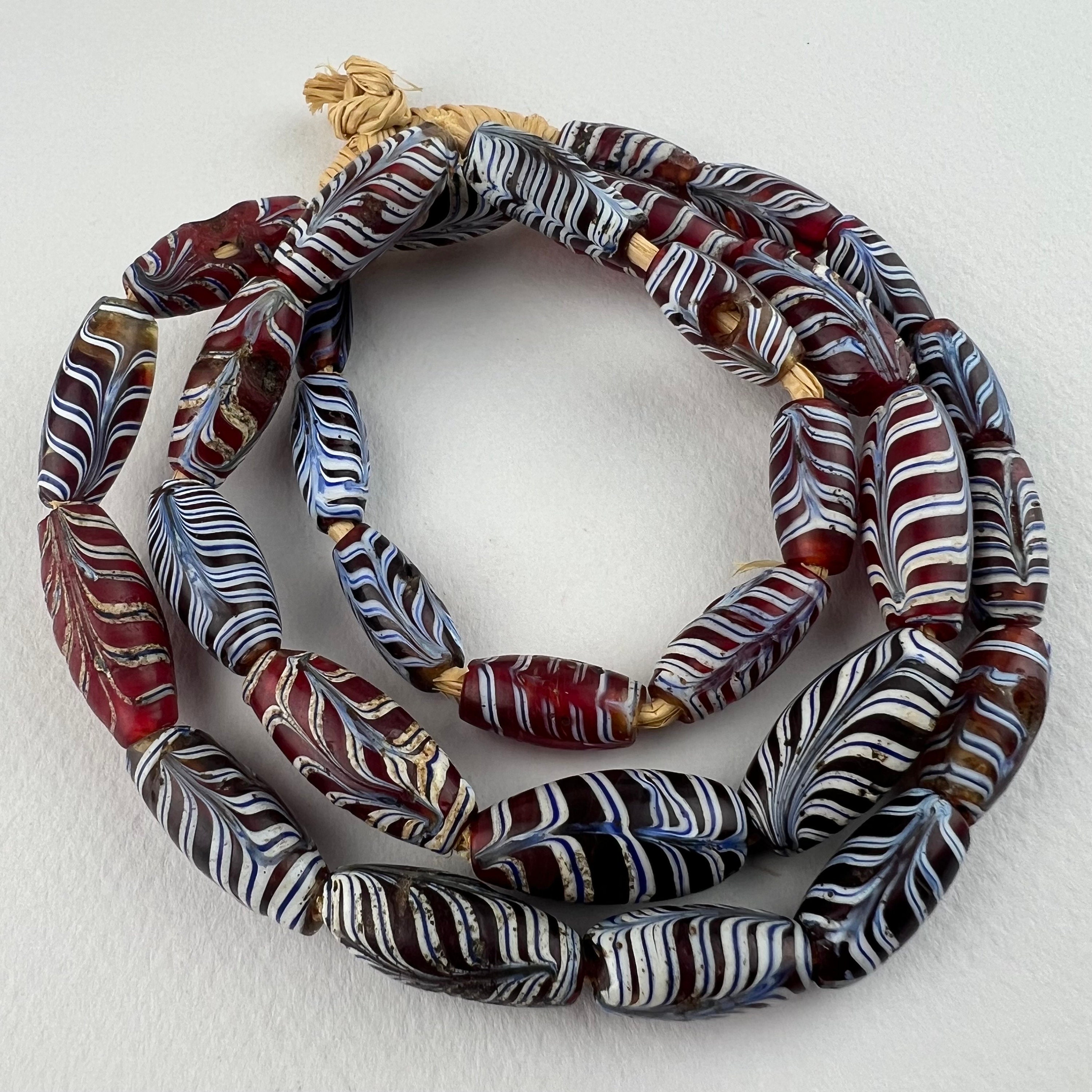 30 Antique Red Excellent Venetian Feather Beads. African Trade 