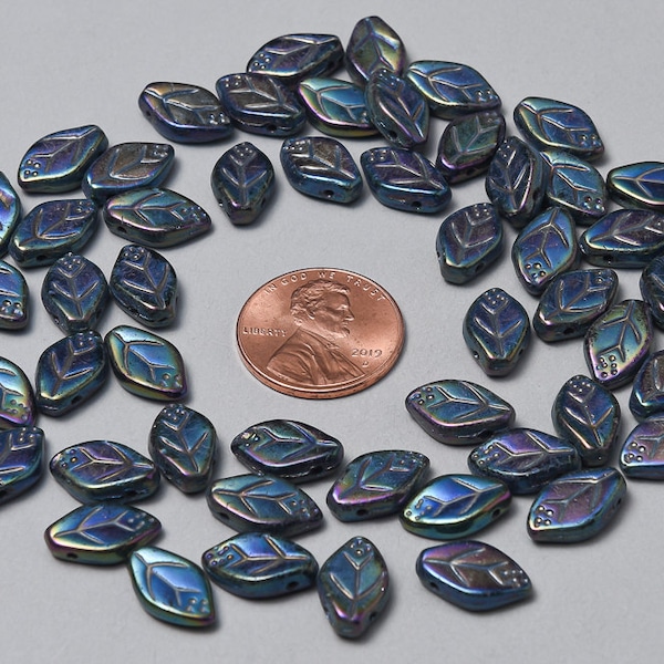 50 Czech Glass leaves.  Blue green iris leaf beads. CZ-20