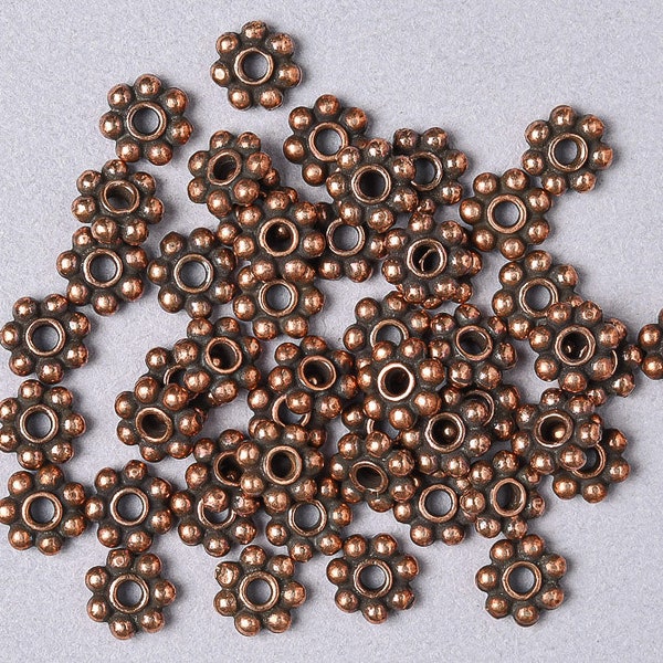50 Antique Copper Bead Flower Spacers. Tierracast copper plated pewter Heishi Beads. FMB-95