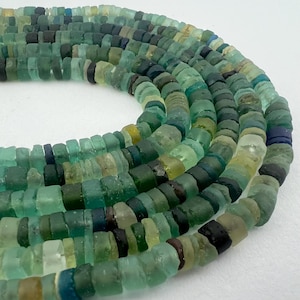 5-6mm Roman Glass Heishi Beads. Blue Green Rustic Glass beads. ROM-77