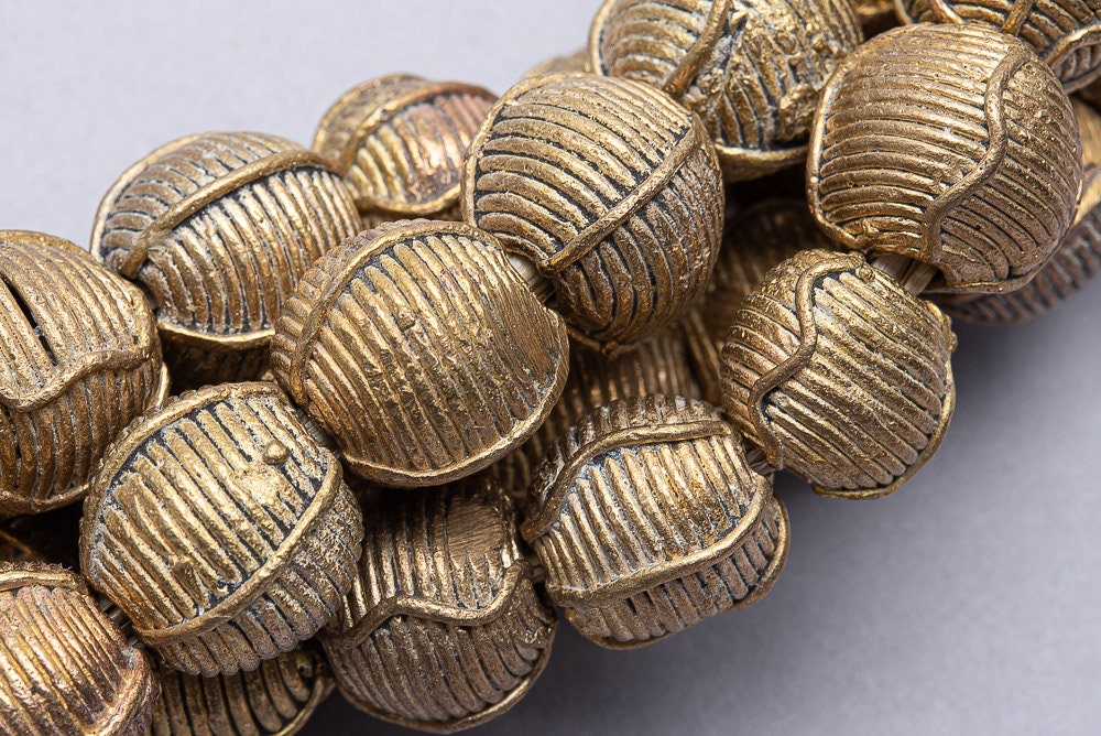 Wound Round Brass Beads 17mm Ghana African Large Hole 25 Inch Strand Handmade