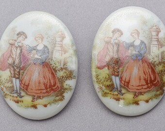 2 Vintage German Courting Couple 40x30mm Glass Cab. CAB-188