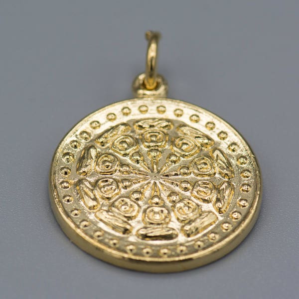 Gold Buddhist Dharma Amulet Pendant . 22K Gold Plated - Double Sided 24mm SKU-PEN-3-G