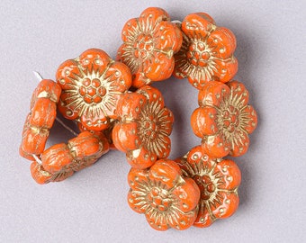 10 Czech Orange 14mm Anemone Flower Glass Beads. CZ-71