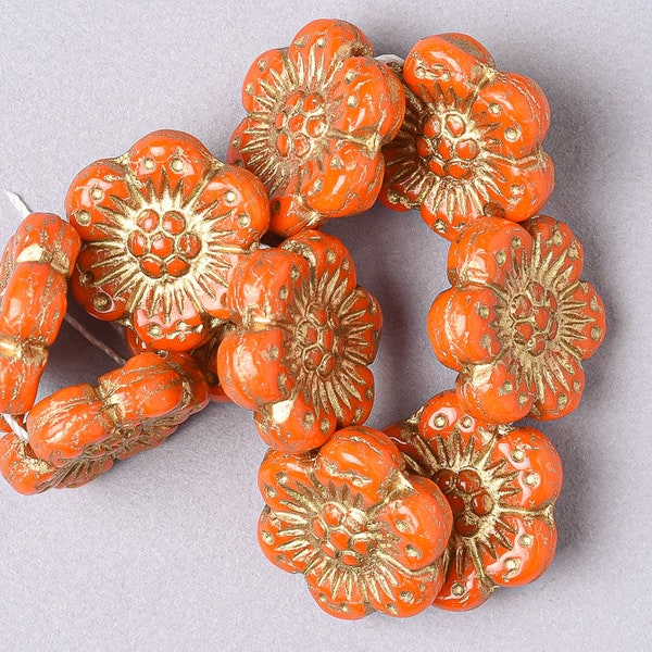 10 Czech Orange 14mm Anemone Flower Glass Beads. CZ-71