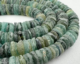 135 Ancient Roman Glass Heishi Beads. 10-11mm Blue Green Rustic Glass Beads. ROM-78