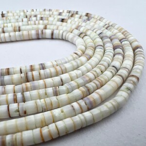 May include: A strand of white, brown, and purple shell beads. The beads are round and have a layered appearance.
