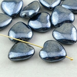 20 Hematite Heart Glass Beads. 16mm Czech gray glass heart Beads. CZ-12