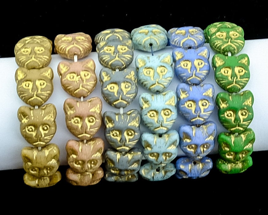 Glass Cat Beads Antiqued Ivory 15mm Sitting Cat Engraved Czech Glass Animal  12pc