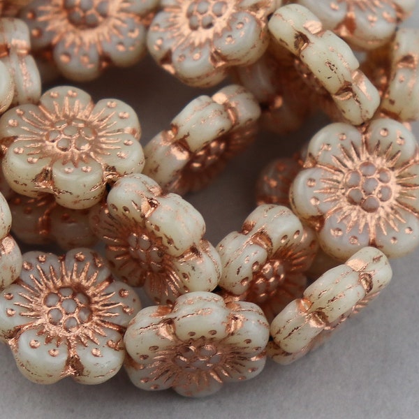 10 Czech 14mm Ivory Anemone Flower Glass Beads. Daisy Czech beads. CZ-530