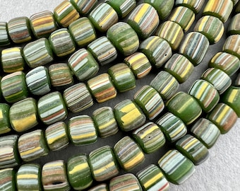 Java Gooseberry Beads. Matte Green Gray handmade striped ethnic beads. GLS-134