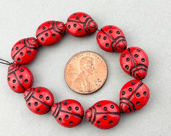 10 Ladybug 14x11mm Czech Glass Beads. CZ-494-14