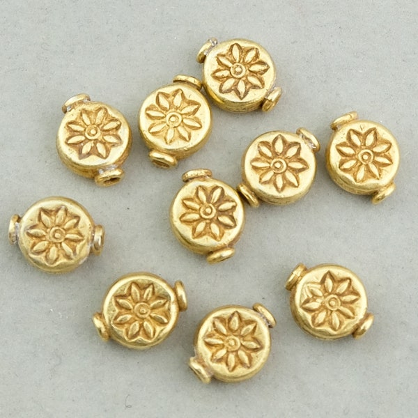 10 Antique Gold Flower Disk Beads. 11x9mm Matte Gold Beads. FMB-41