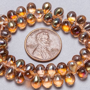 Czech Teardrop Beads. 50 Glass 6x4mm Lumi Amber Small Teardrop Czech Glass Beads. CZ-402