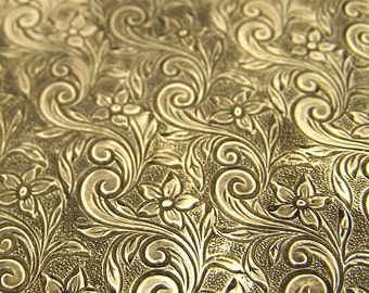 2 Solid Yellow Brass 22 gauge 3x3 inch Floral Swirl Textured sheets. SKU-BB-24