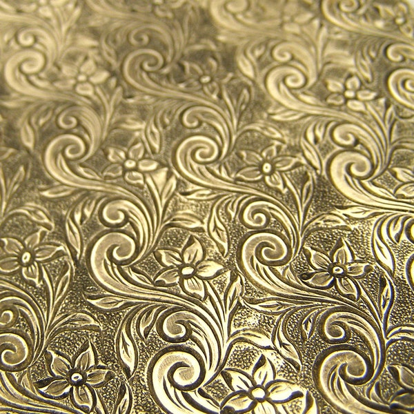 2 Solid Yellow Brass 22 gauge 3x3 inch Floral Swirl Textured sheets. SKU-BB-24