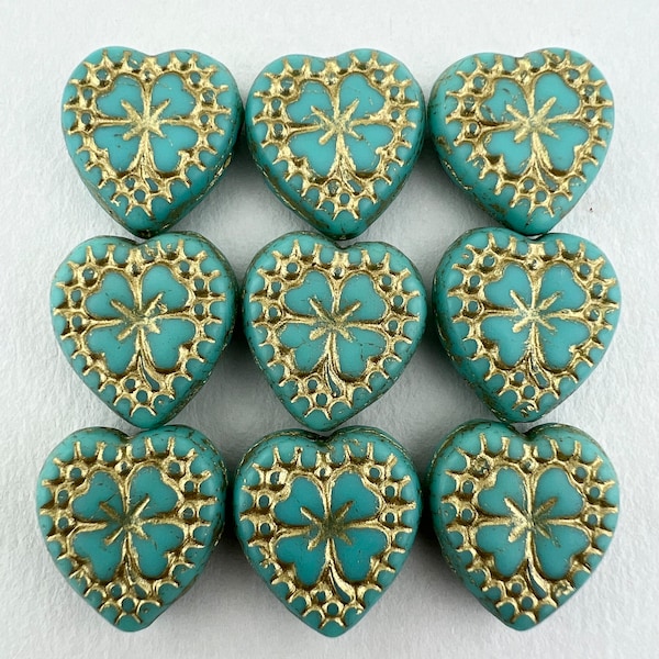 10 Czech Glass Lucky Heart 15mm Beads with Four Leaf Clovers. Matte Turquoise Glass. CZ-599