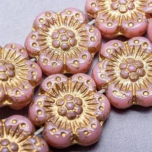 10 Czech 14mm Anemone Flower Glass Beads. Old Rose Pink with Gold Inlay Czech  Flower Beads. CZ-447