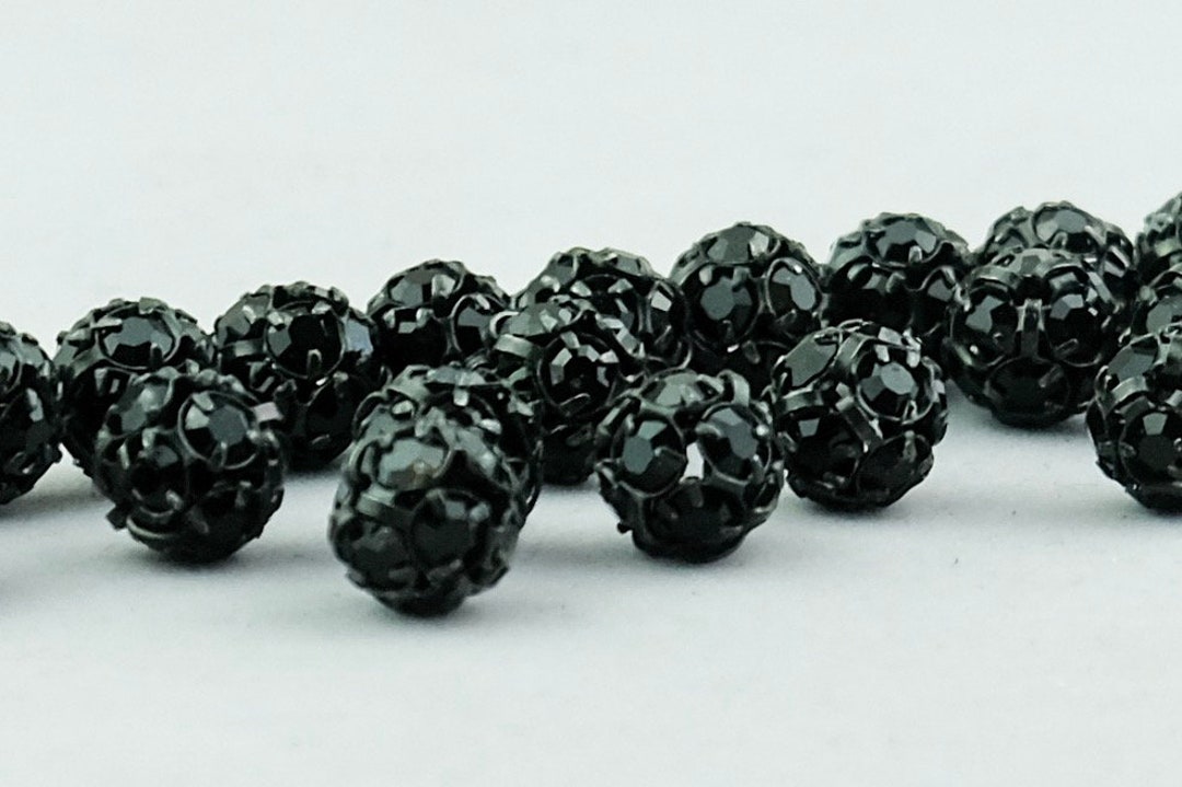 10 Vintage Jet Czech Rhinestone Beads. 10mm Gunmetal Rhinestone Balls ...