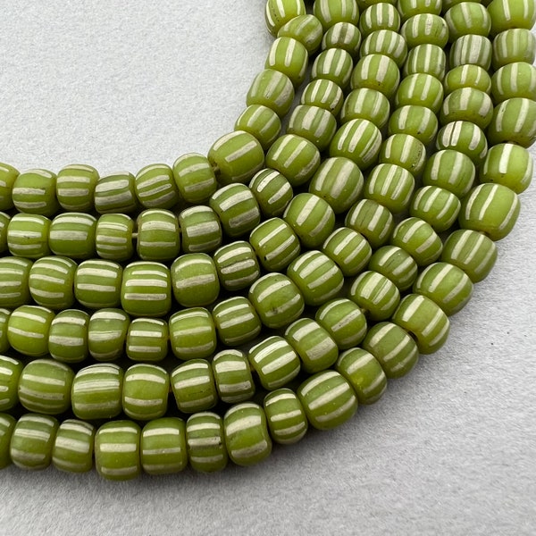 Java Gooseberry Beads.  Small Striped Soft Green Color Glass Java Beads. SKU-GLS-72
