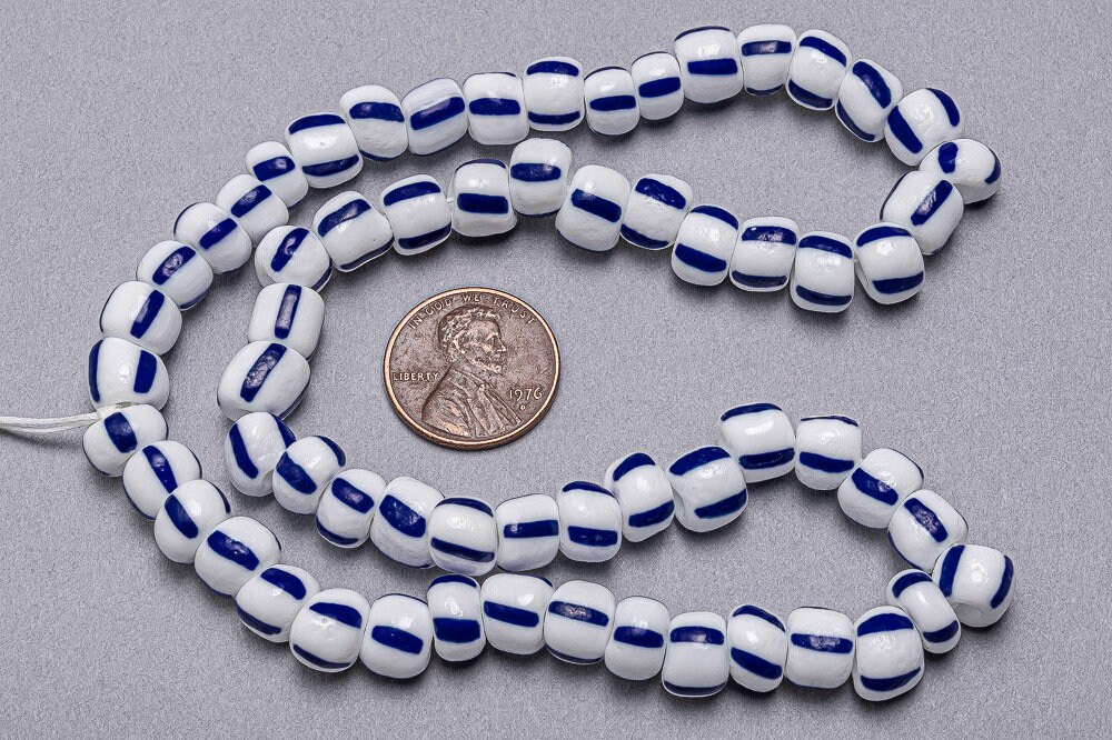 110 Striped Glass Seed Beads. Chevron 8mm White and Blue Stripe
