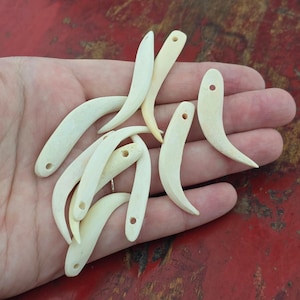 May include: A collection of off-white, curved, tooth-shaped pendants, each featuring a small circular hole drilled near the wider end. These smooth, tapered pieces are arranged in a cluster, showcasing their uniform color and distinct, elongated, crescent-like form.