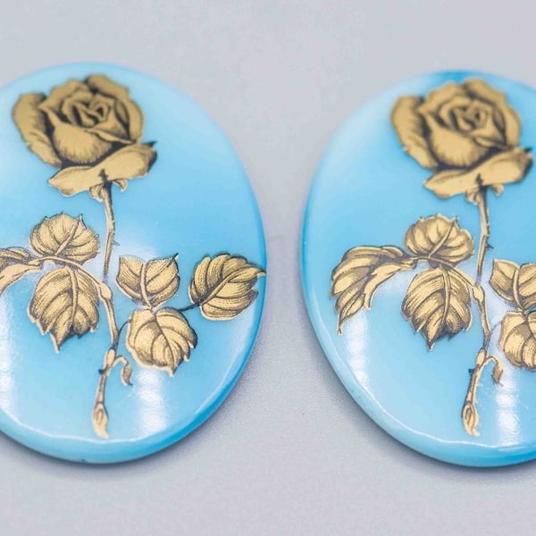 Vintage Gold Rose on Turquoise Glass cabochon 40x30mm cab Set of 2 SKU-CAB-60