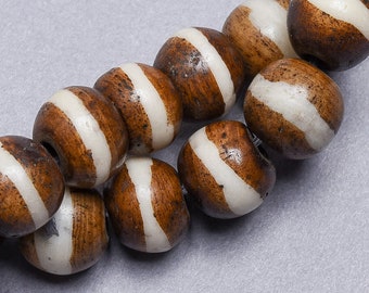 28 Brown White Bone Beads. 10mm Handmade bone beads. BSS-65