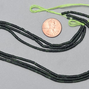 39” Small Jade Beads. 2.5mm Dark Green Heishi Cylinder Beads. GMB-291