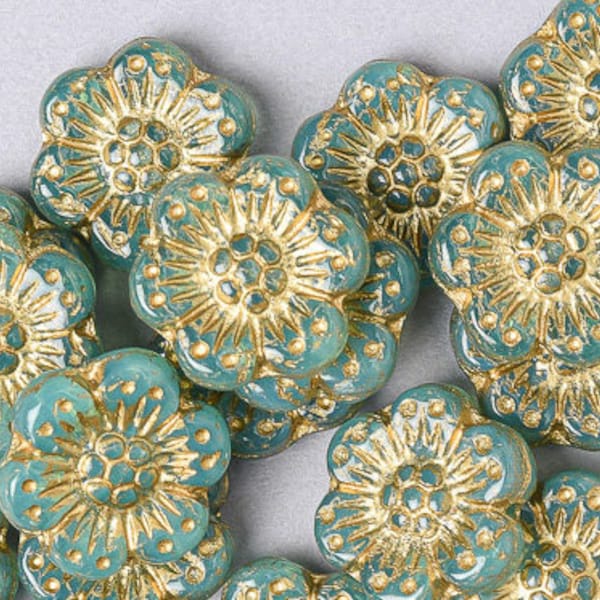 10 Czech 14mm Aqua Opal Anemone Flower Glass Beads. Daisy Czech Beads. CZ-73