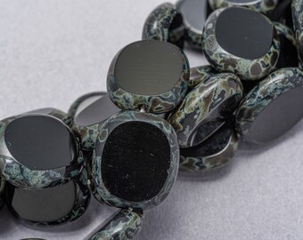 16 black Picasso Flat Tab Czech Glass Beads. CZ-418
