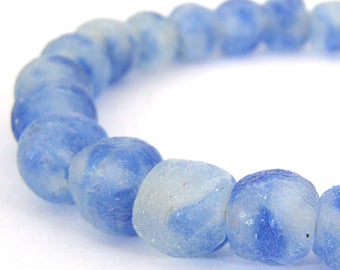 African Recycled Glass Trade Beads - 14mm Bi Color Blue Clear Transparent Beads- Sea Glass - Jewelry Making Supply SKU-RG14-9