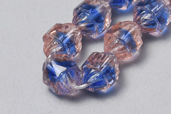 25 Czech Glass Turbine Beads. 8x10 Faceted Blue and Pink Glass
