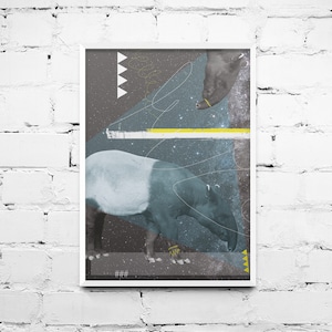 May include: A digital art print featuring a blue and white tapir with a yellow line and a black and white triangle pattern in the background.