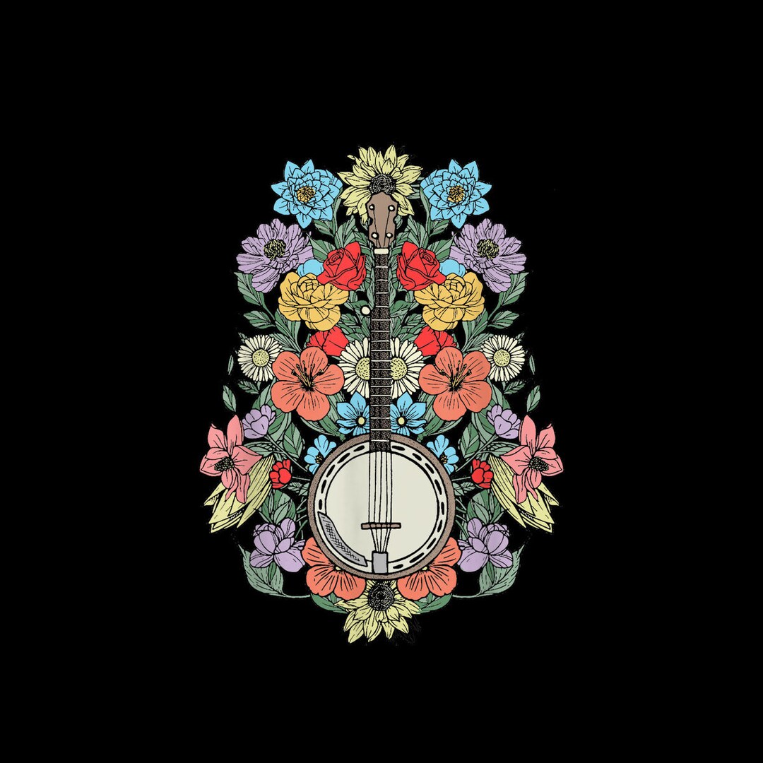 Banjo Flowers Vintage Stringed Bluegrass Folk Floral Design Etsy